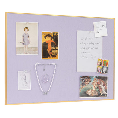 Lightomorrow Bulletin Board 30 x 20 inches, Light Lavender Pin Board, Golden Aluminum Framed Fabric Cork Board with 10 Push Pins