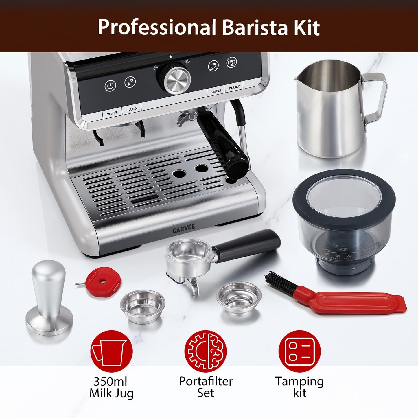 Garvee Espresso Machine, Espresso Machine with Grinder, Brushed Stainless Steel, Espresso Coffee Maker with Milk Frother for Home Barista Commercial Use（White Silver）