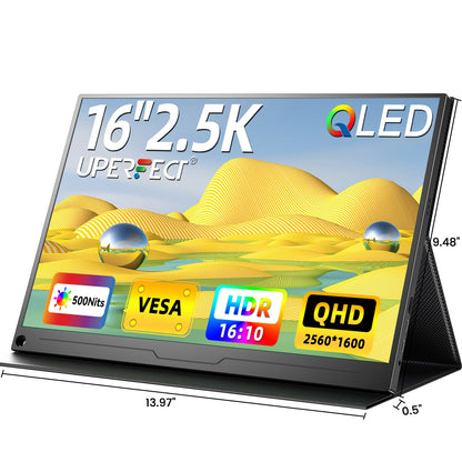 UPERFECT 2.5K QLED Portable Monitor, 16" 2560x1600 QHD Portable Gaming Monitor 120% sRGB HDR Laptop Monitor w/VESA & Smart Case Matte Eye Care External Second Screen for PC Laptop Phone Game Console