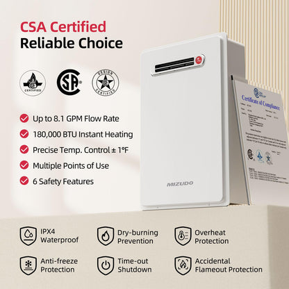 MIZUDO 180,000 BTU Propane Gas Tankless Water Heater, Outdoor Installation Up to 8.1 GPM, CSA Certified Instant Hot Water Heater for Residential Whole House, GEN 3