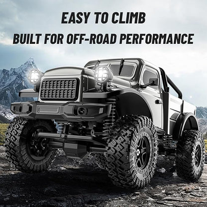 1:18 Scale All Terrain Remote Control Car 2.4 GHz 4WD RC Rock Crawler with LED Lights 12KPH Off-Road Pickup Truck Vehicle Toys RTR Gift for Adults
