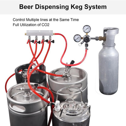 WELLBOM CO2 Manifold, 4-Way CO2 Gas Distributor O.D 5/16'' Barb Fitting Beer Keg Gas Manifold Kegerator CO2 Splitter with Integrated Check Valves & 5PCS Hose Clamps