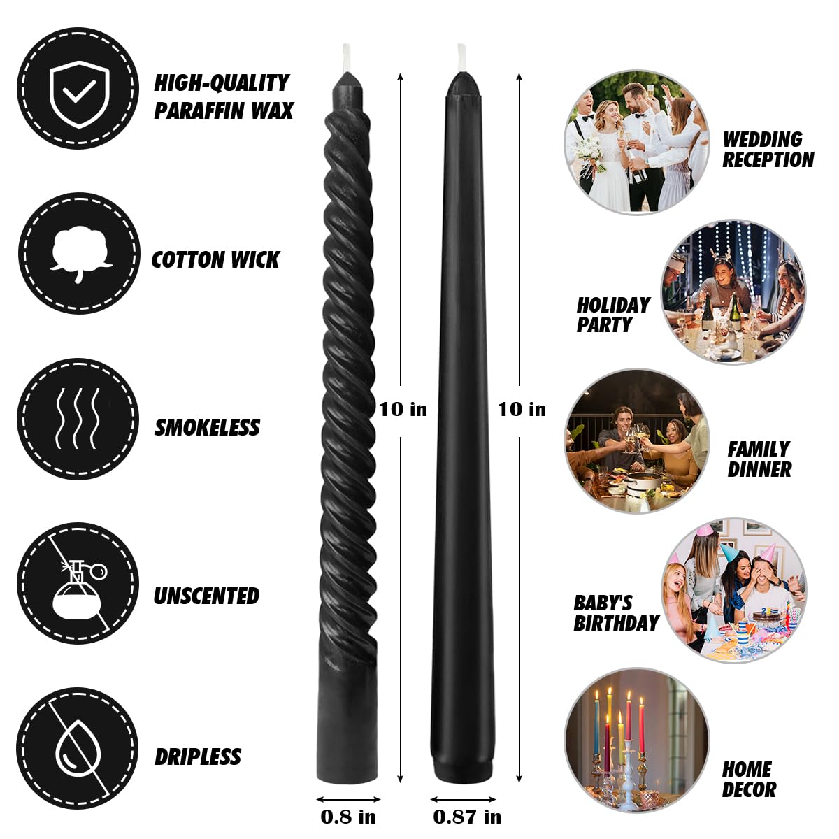 6 Pack Black Taper Candles and 6 Pack Spiral Candles Set – 10 Inch Elegant Dripless Candlesticks for Halloween Decor Parties Meditation and Home Ambiance