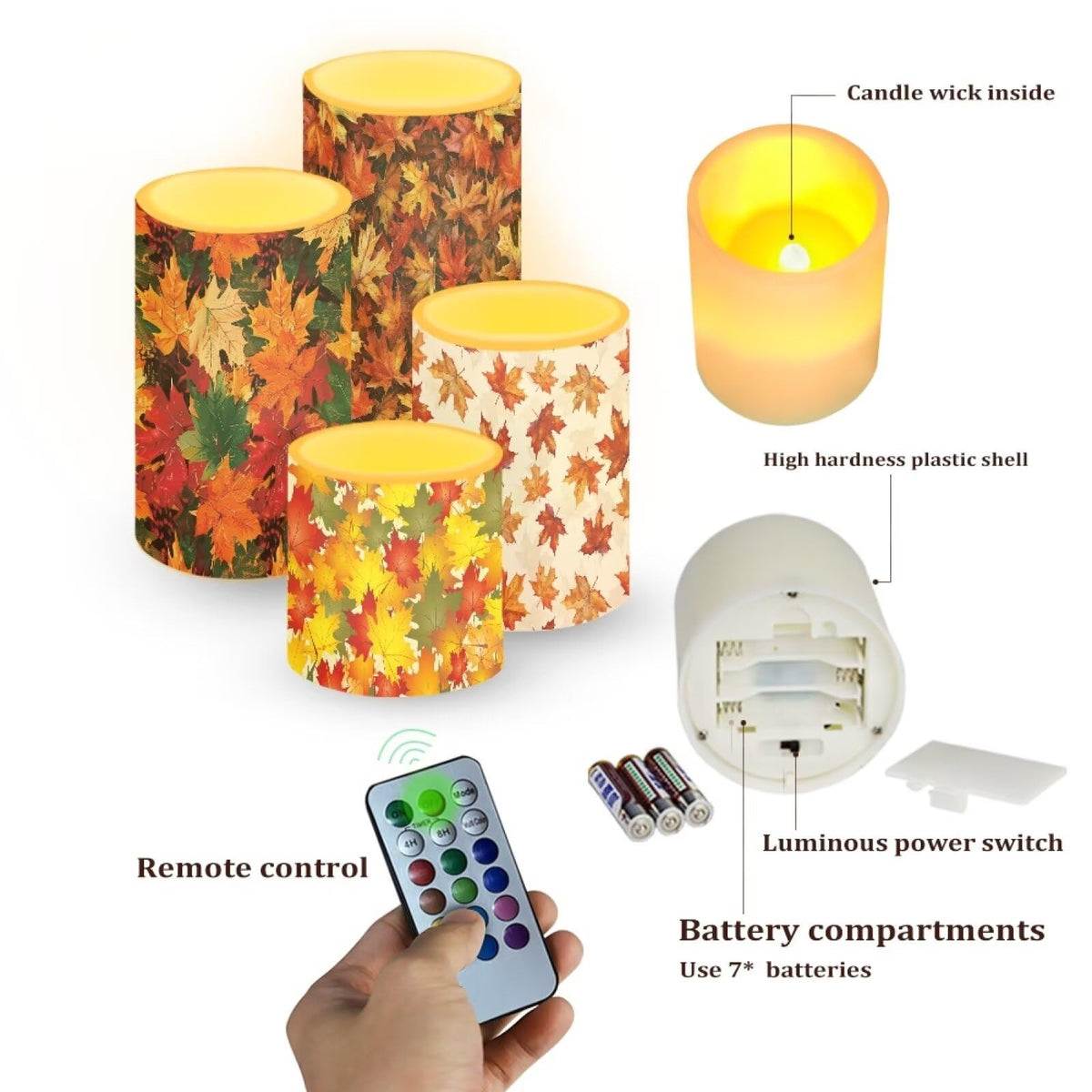 NETILGEN Autumn Maple Leaf Print Flameless Electric Candles Lamps with Remote Timer Control Long Lasting LED Candles for Thanksgiving Day Party Decoration Pack of 4