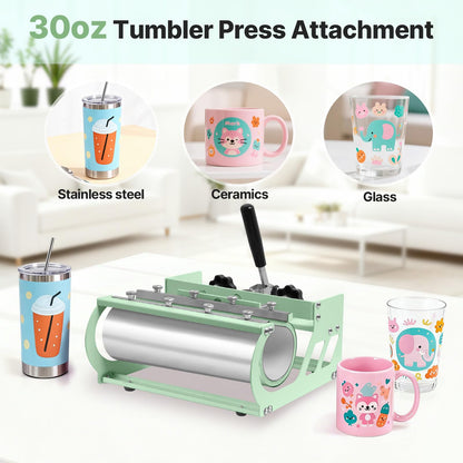 Slendor Heat Press 15x15 Inch 5 in 1 Heat Press Machine 360-Degree Swing Away Digital T Shirt Pressing Machine Multifunction Heat Transfer Sublimation Combo for T Shirts Mugs Hat Plate Cap,Green