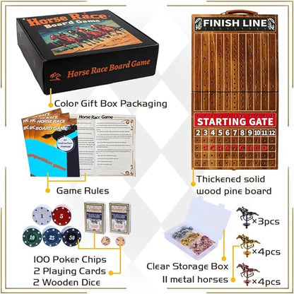 Horse Race Board Game Solid Wood Foldable Racing Board with 11 Metal Horses 2 Dice and 2 Boxes of Cards Portable Travel Game for Family Parties and Holiday Gatherings