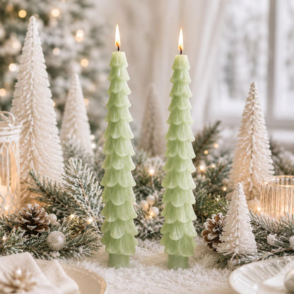 Tree Taper Candles Set of 2, 10 Inch Frosted Sage Handmade Candle Stick, Unscented Candlesticks, Tapered Candles for Holiday Dinner Table Decor Gift
