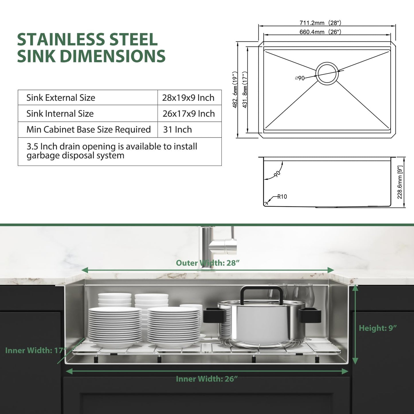 28 Inch Undermount Kitchen Sink Workstation - Couoko 28x19 Inch Undermount Single Bowl Workstation Sink 16 Gauge Stainless Steel Deep Handmade Under Counter Kitchen Sink with Accessories