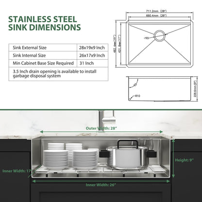 28 Inch Undermount Kitchen Sink Workstation - Couoko 28x19 Inch Undermount Single Bowl Workstation Sink 16 Gauge Stainless Steel Deep Handmade Under Counter Kitchen Sink with Accessories
