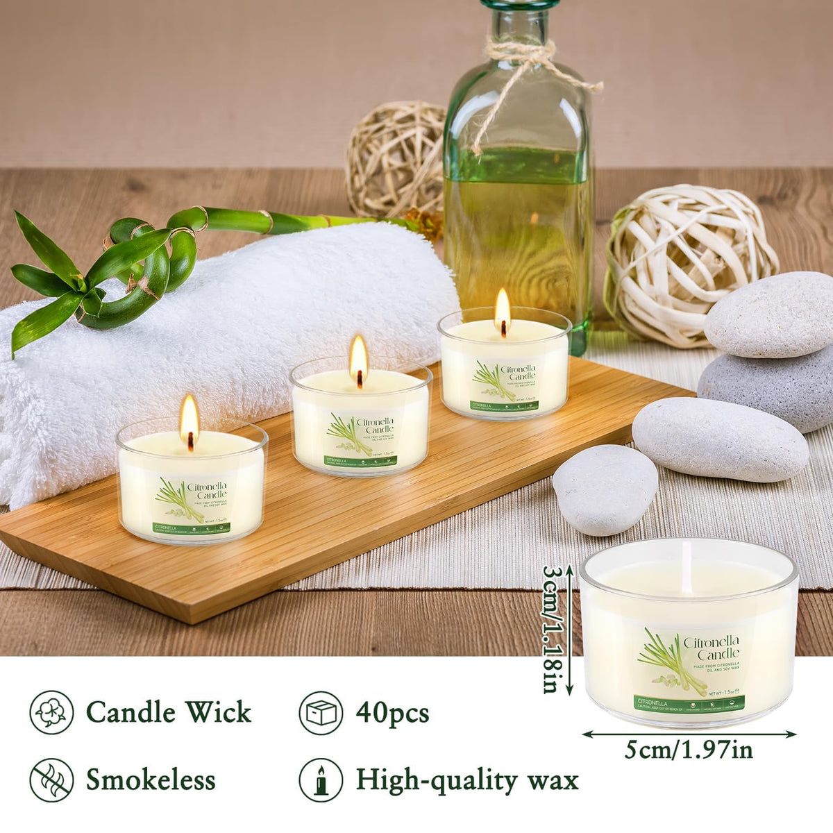 40 Pack 1.5oz Citronella Candles Bulk, Small Soy Wax Candles Bulk, Mini Portable Candles for Outdoor Patio Yard Home Wedding Party Camping Travel