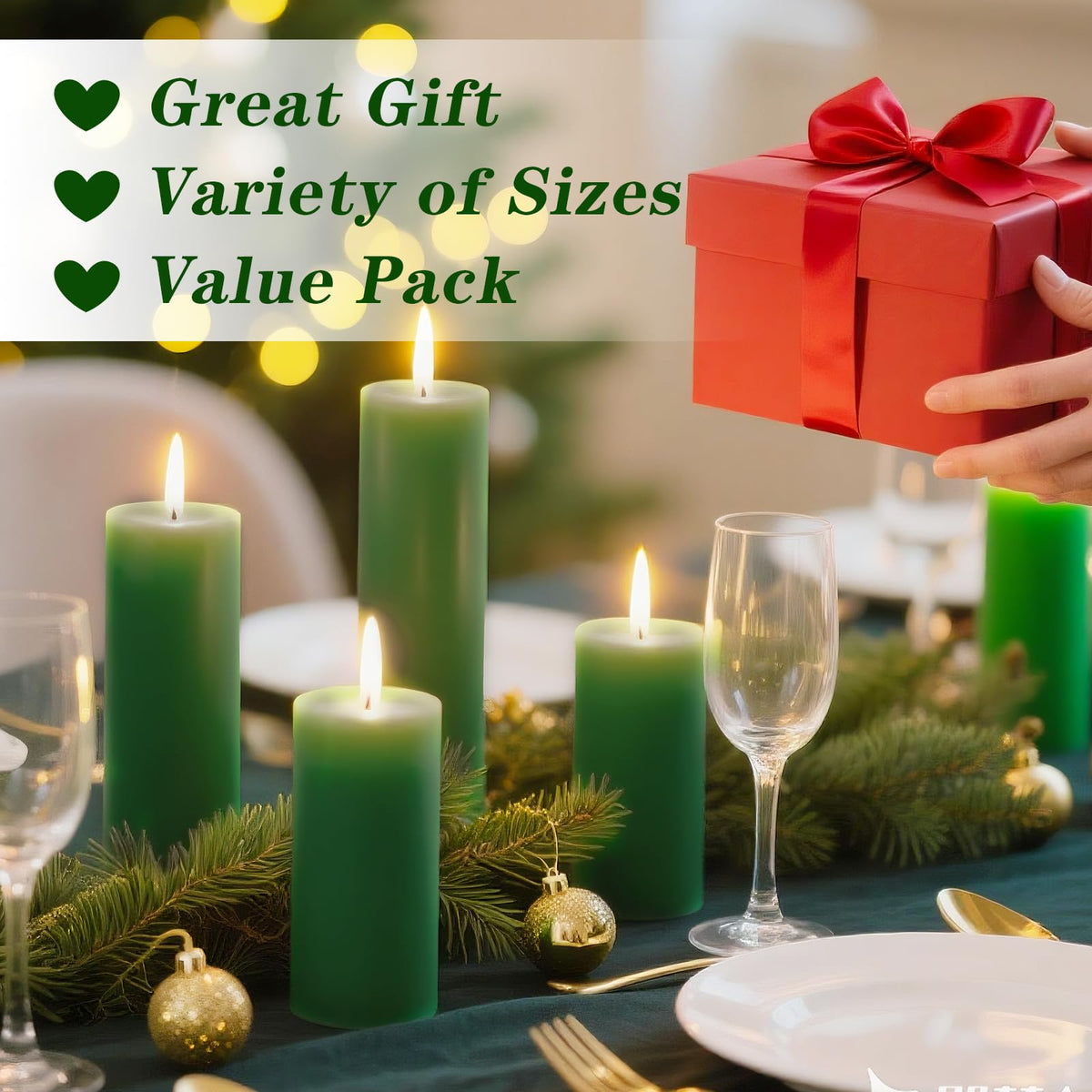 Veiuwa 18 Pcs Green Pillar Candles Bulk Set，Hurricane Candles，3 Different Lengths (6 Each)，Dripless Unscented Smokeless，Gives You a Better Atmosphere When Organizing Wedding or Event Party.