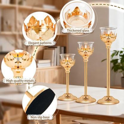 Set of 3 Metal Tea Light Candle Holder with 3 Glass Cups, 12/10/8 Inch Elegant Tealight Candelabra Centerpiece for Wedding Table Decor, Tiered Home Party Decoration (3, Gold)