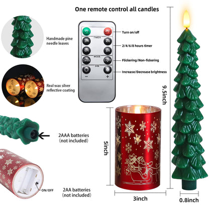 Lezonic Christmas Flameless Candles with Remote, Green Christmas Tree Flickering Battery Operated Window Candlesticks, Red Glass Xmas New Year Decorations Gifts, Set of 4 Real Wax LED Candles