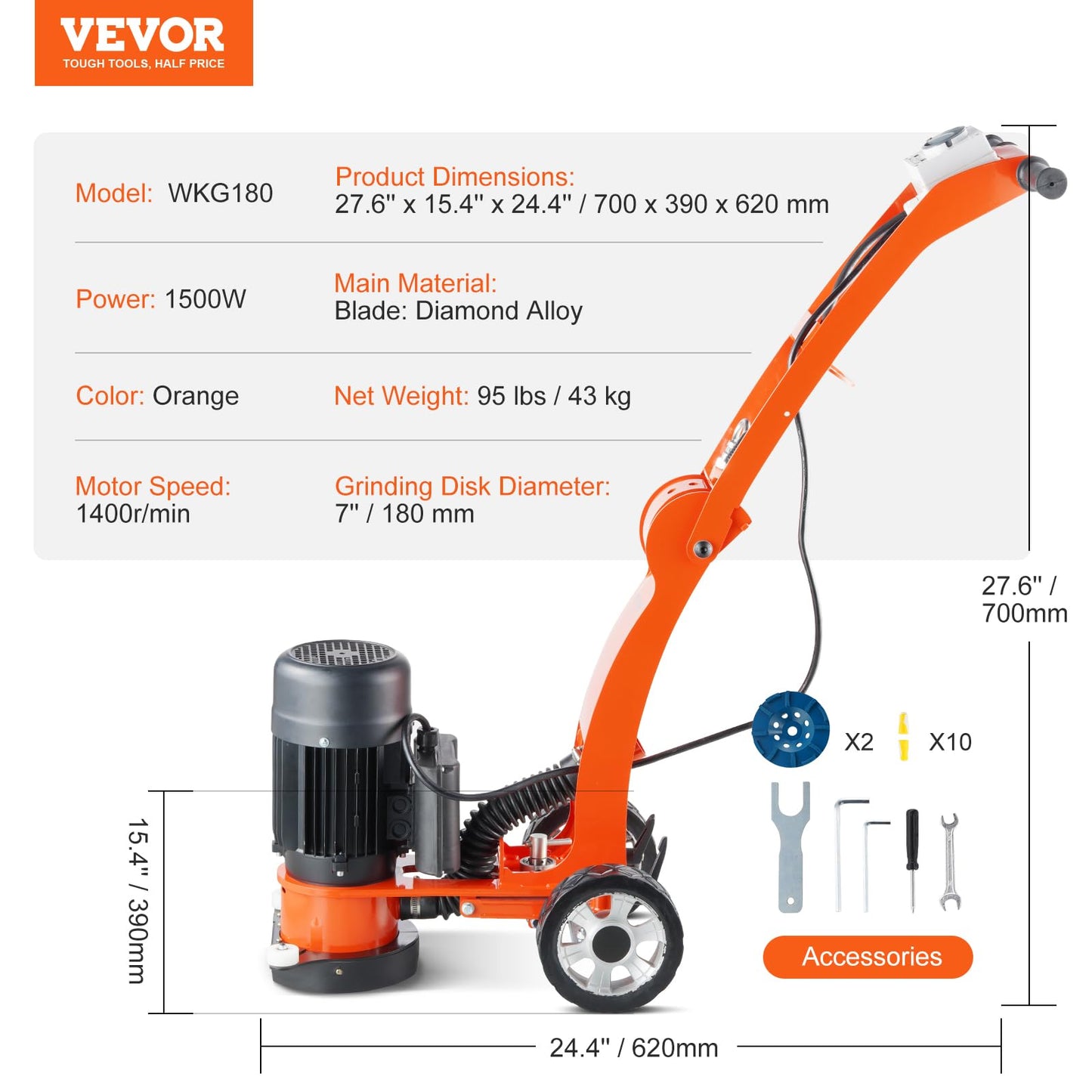 VEVOR Electric Concrete Floor Grinder, 7" 1300w