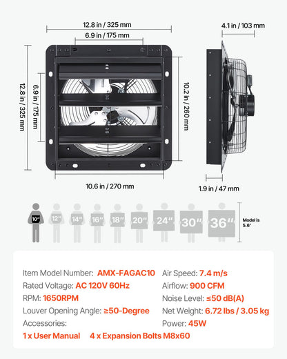 VEVOR 10'' Exhaust Fan, Wall Mounted Attic Fan with Variable Speed controller, 900 CFM, Automatic Shutter, Ventilation and Cooling, Black