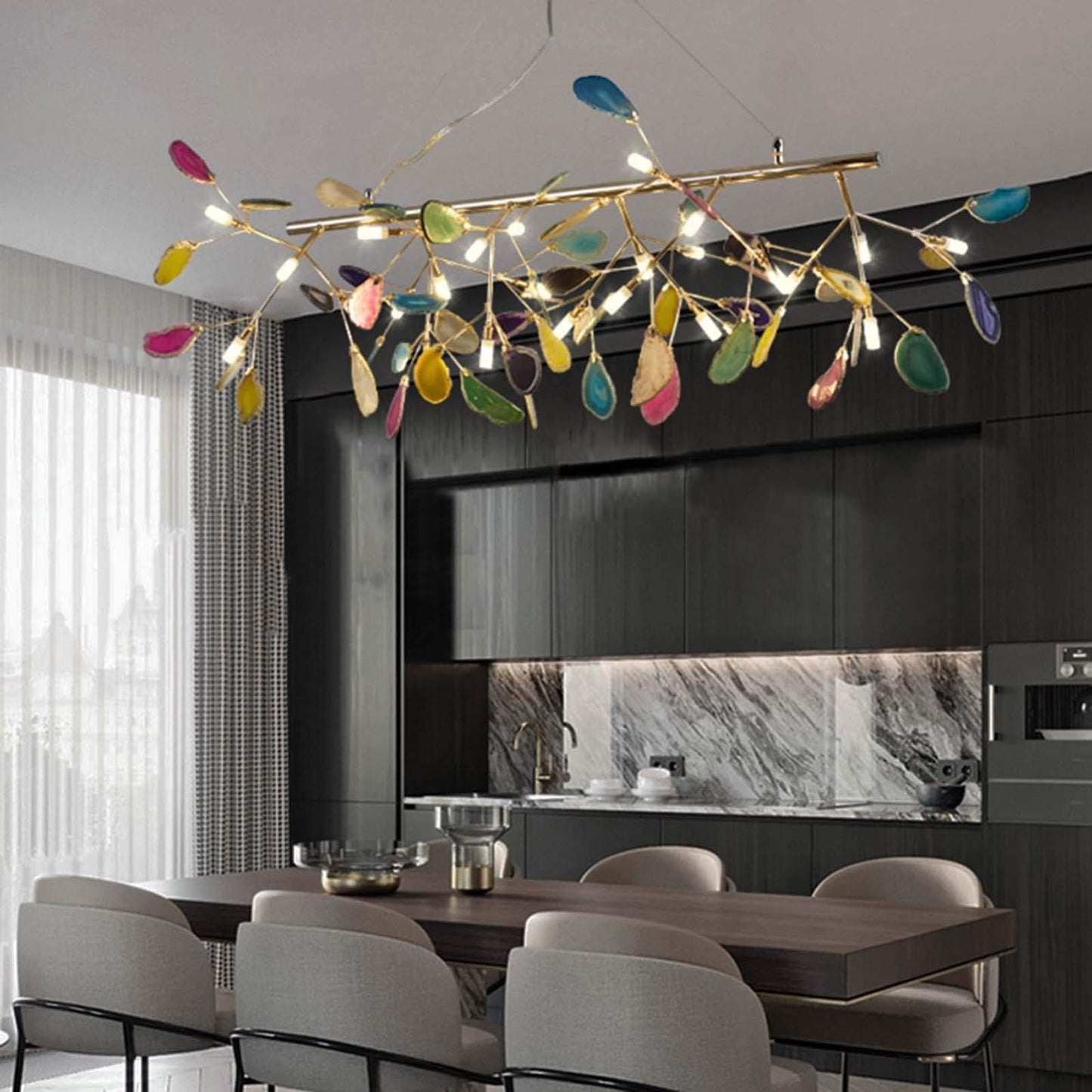 ZYBB Agate Firefly Chandelier Dining Room,Blue G4 Elegant Flush Mount Long Ceiling Light Fixture,24 Light Creativity Colorful Agate Stone During Light-Gold and Colored Agates