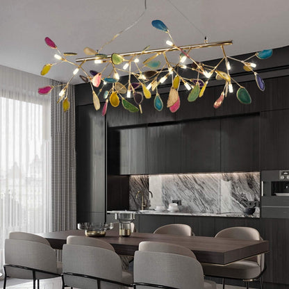 ZYBB Agate Firefly Chandelier Dining Room,Blue G4 Elegant Flush Mount Long Ceiling Light Fixture,24 Light Creativity Colorful Agate Stone During Light-Gold and Colored Agates