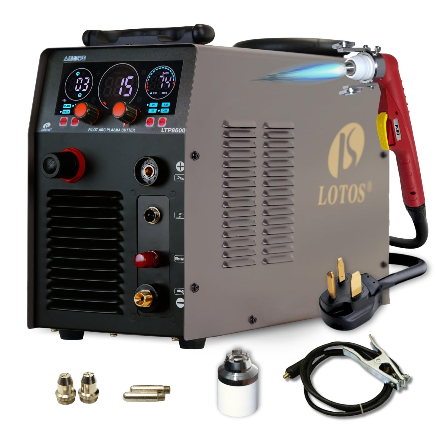 LOTOS Apex LTP8500 | 85A HF Pilot Arc Plasma Cutter, Drag-Cut Enabled, 1" Clean (1.5" Sever), 220V Single-Phase, LED Controls & Front Regulator, Portable Air Plasma Cutter for Fab, Auto, HVAC
