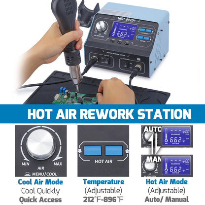 WEP 992D+ 2-in-1 Soldering Iron Kit and Hot Air Rework Station with 3 Preset Channels, LCD Display, Interchangeable Handles, Sleep Mode, X-2 Iron Holder, 5 Iron Tips, Desoldering Pump and Tweezers