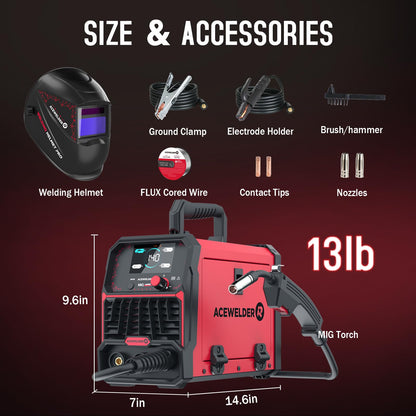 ACEWELDER 140A MIG Welder, 3 in 1 Flux Core, MIG/LIFT TIG/Stick Welding Machine 110V Portable IGBT Inverter Synergic Control, LED Display with Welding Helmet