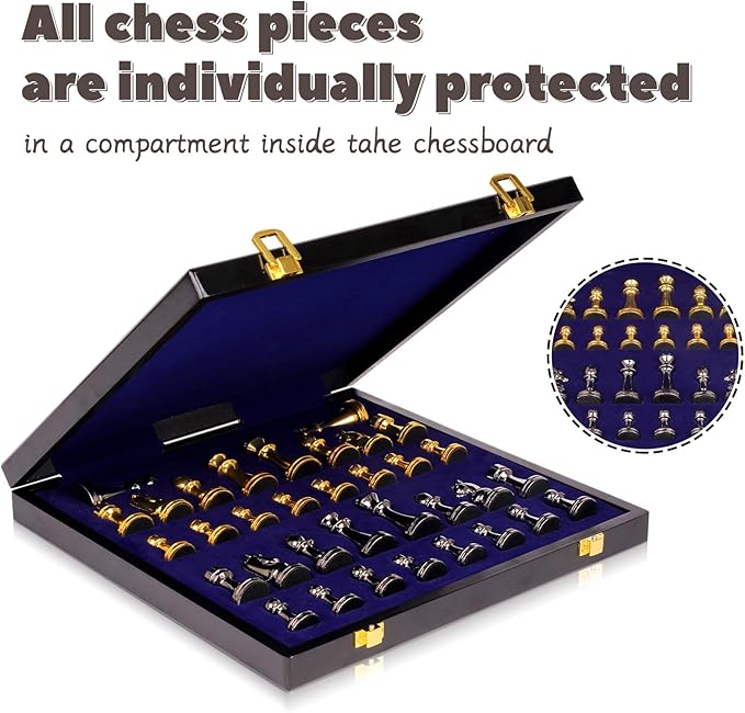 Metal Chess Set for Adults and – Marbling Chess Board with Chess Pieces – Travel Chess Sets with Extra Queens with zinc Alloy Metal Pieces – Ideal for Beginners and Professional Players