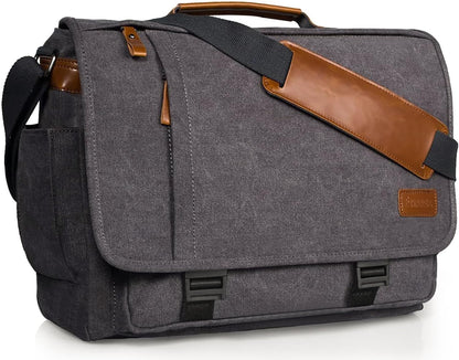 ESTARER Men Messenger Bag 17-17.3 Inch Laptop Bag Water-resistant Canvas Computer Shoulder Bag Briefcase for Work College Travel, Grey