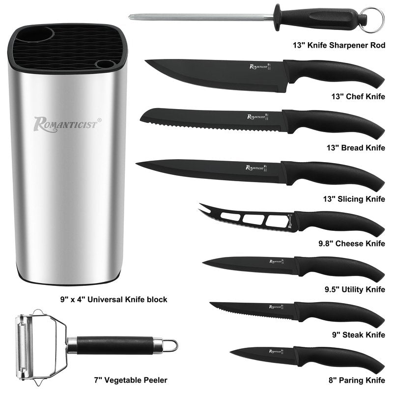 ROMANTICIST Kitchen Knife Sets, 10PCS High Carbon Stainless Steel Knife Sets with Block, Black Knife Block Set, Knives Set for Kitchen with Anti-slip Handle, Exquisite Knives Set New Home Essentials