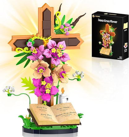 Jesus Cross Flowers Building Blocks Set Religious Crucifix Compatible with Jesus Building Toy for Decor Catholic Bible Building Toys Christmas Easter Gift for Christian Adults Boys Girls 363PCS