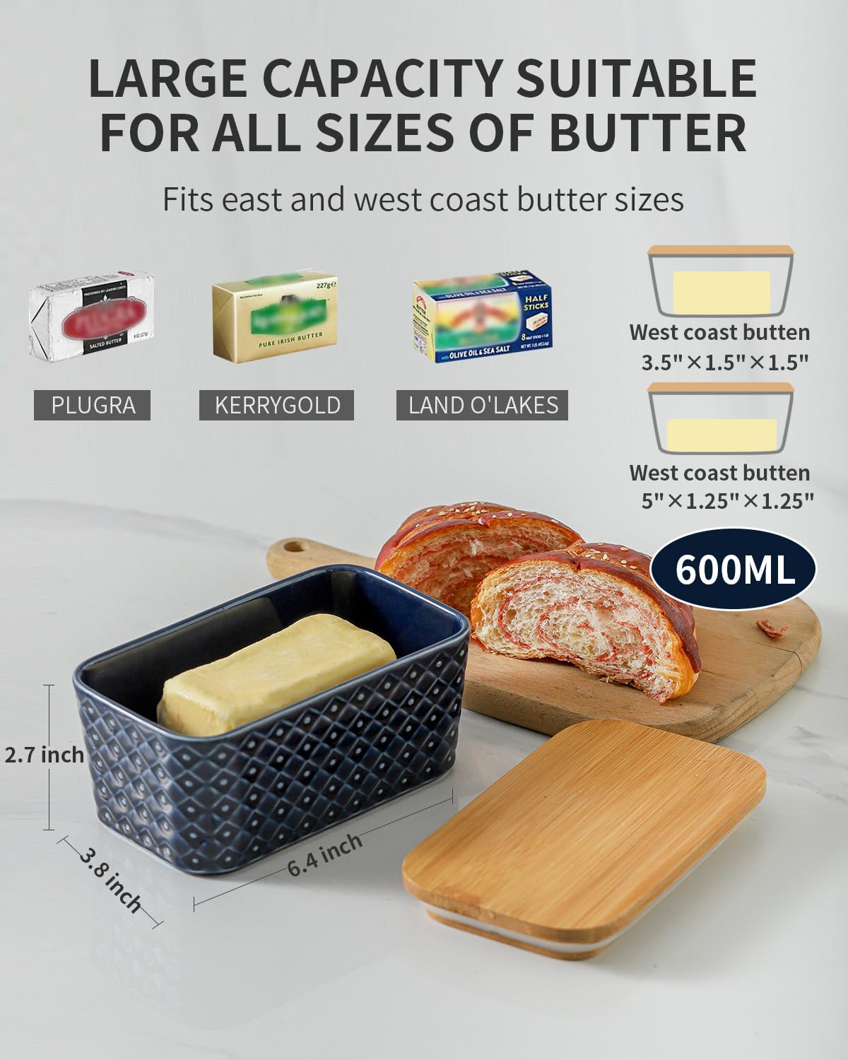 Hasense Ceramic Butter Dish with Lid, Butter Container for Countertop Airtight Butter Stick Covered Keeper,Navy Blue Embossed Pattern,Easy Clean Dishwasher Safe
