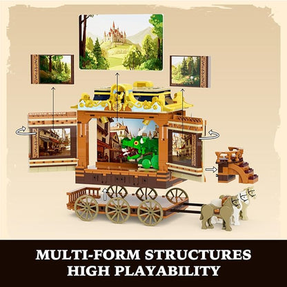 Medieval Troupe Carriage Lighting Building Bricks Set - Middle Ages City Town Playset Multi-Form Modular Collection Display Kit with Minifigures 1248 Pcs for Adults &amp Teens