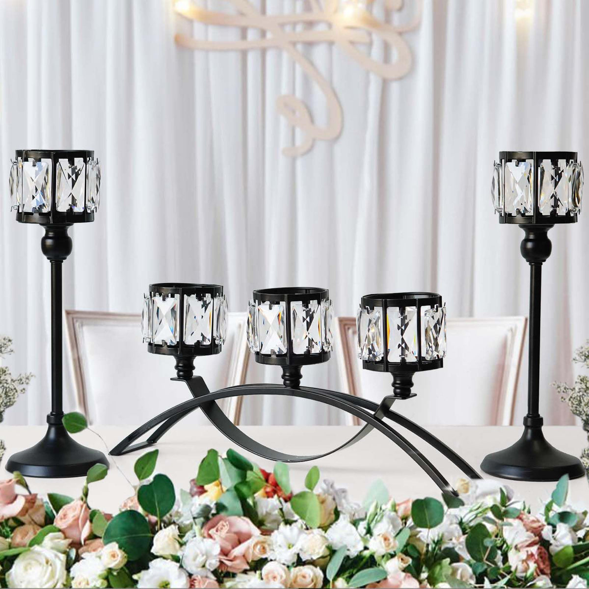 3 Arms Crystal Bowl Tealight Candelabra Votive Candle Stand, Wedding centerpieces for Tables Crystal Candlestick，Centerpiece Table Decorations (Set of Black)
