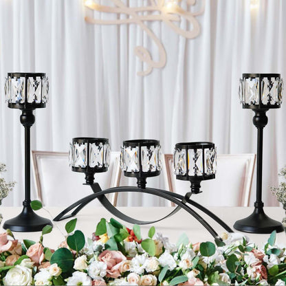 3 Arms Crystal Bowl Tealight Candelabra Votive Candle Stand, Wedding centerpieces for Tables Crystal Candlestick，Centerpiece Table Decorations (Set of Black)