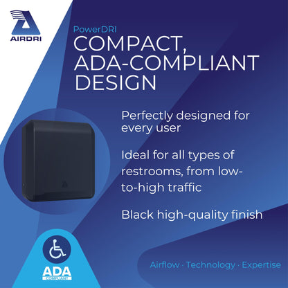 Airdri PowerDRI Automatic Hand Dryer - .8kW Low Energy Motor - 10-Second Dry Time - H13 HEPA Filter - 75dBA Noise Output - ADA Compliant - Ideal for High-Traffic Businesses and Venues - Black
