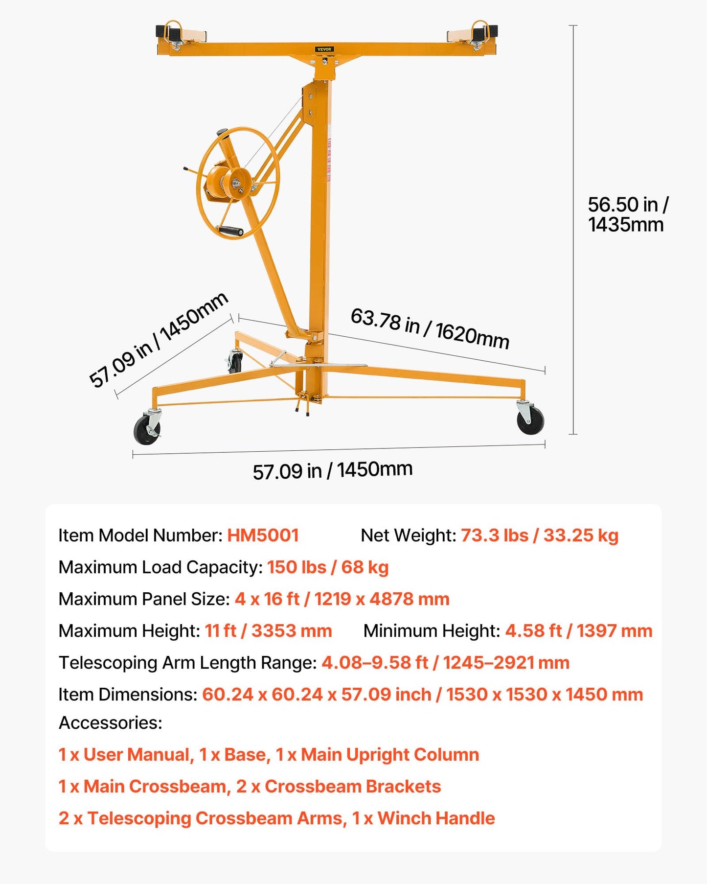 VEVOR 11ft Drywall Lift, Heavy-Duty 150 lbs Sheetrock Hoist with Adjustable Telescoping Arm, Lockable Wheels, Drywall Lifter Panel Jack Hoist Tools Ideal for Ceiling & Wall Installation (Yellow)