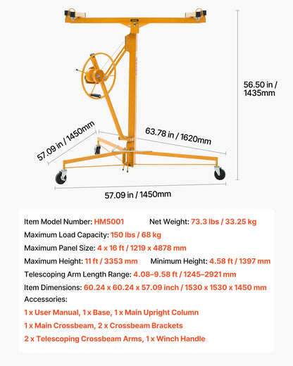 VEVOR 11ft Drywall Lift, Heavy-Duty 150 lbs Sheetrock Hoist with Adjustable Telescoping Arm, Lockable Wheels, Drywall Lifter Panel Jack Hoist Tools Ideal for Ceiling & Wall Installation (Yellow)
