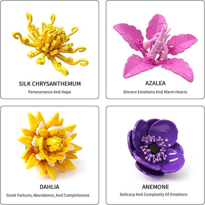 Botanicals Flower Bouquet Building Block Sets Includes Hydrangea Dahlia Azalea Artificial Flowers Arrangement With Vase Valentine's Day Gift For Her Women Girls Floral Table Centerpiece