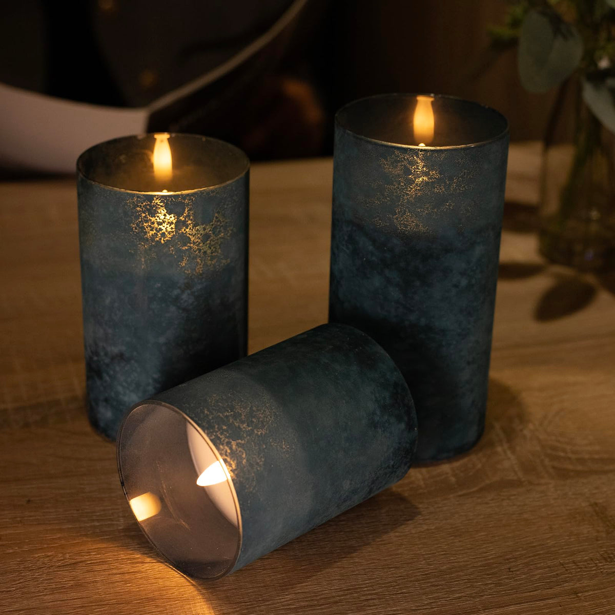 HJANDHJ Blue Flickering Flameless Candles with Remote - Handmade Sandblast Glass Battery Operated LED Pillar Candles for Home/Coastal Theme Wedding Decorations (Set of 3)