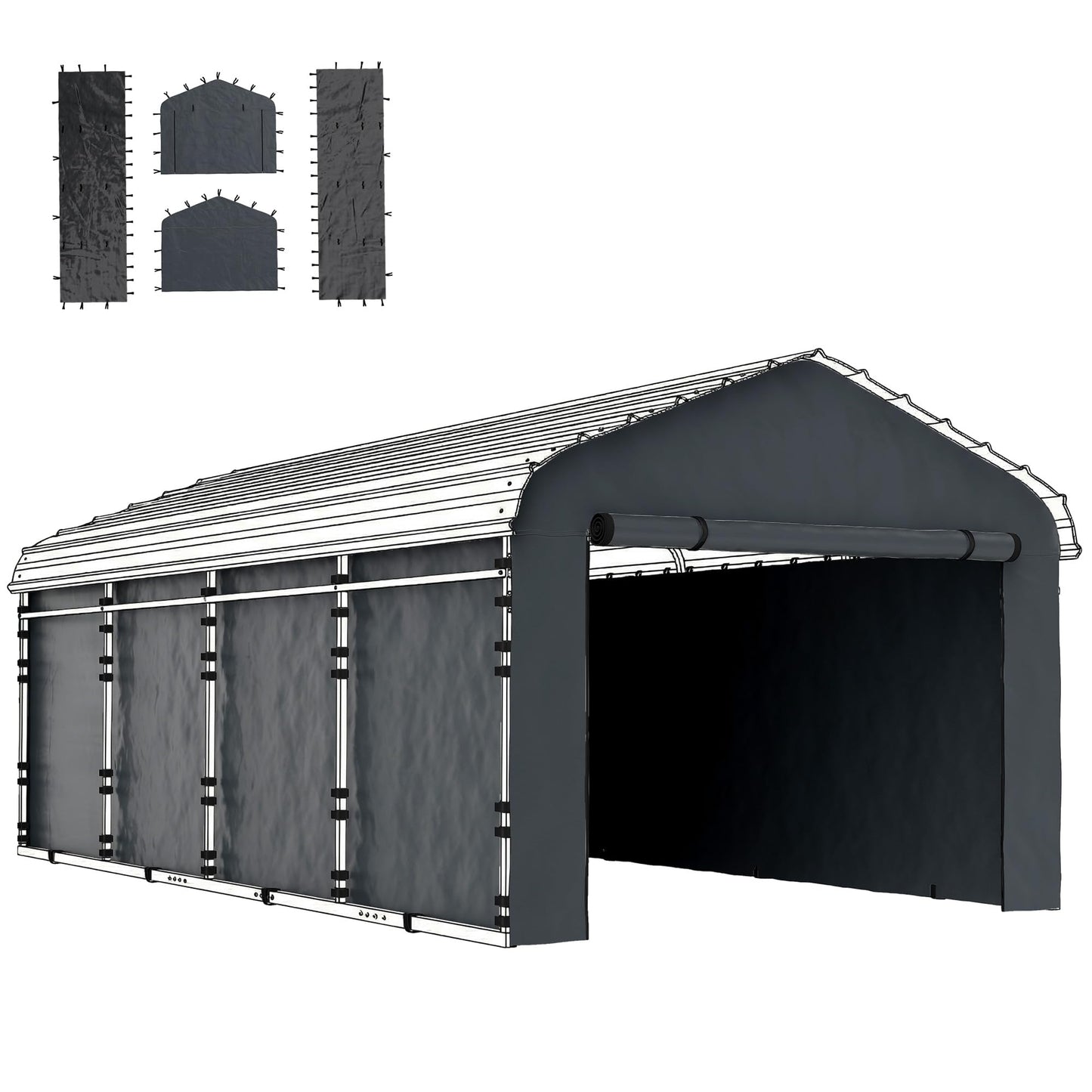Outsunny Carport Replacement Sidewall Panels Set of 4 for 10' x 15' Carports, UPF50+ Waterproof PE Tarp Replacement Side Wall Cover with Zipper Door, Top Cover and Frame Not Included, Dark Gray