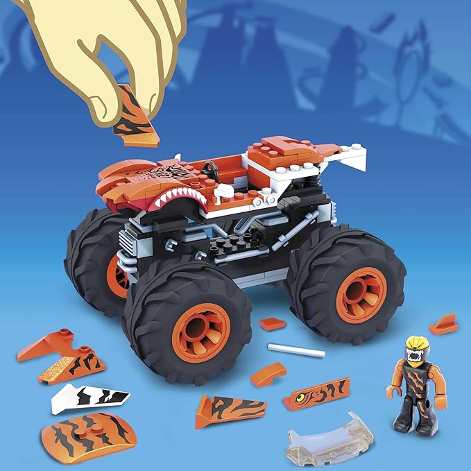 MEGA Hot Wheels Monster Trucks Building Toy Playset Tiger Shark with 187 Pieces 1 Micro Action Figure Driver Orange and Black Kids Age 5+ Years