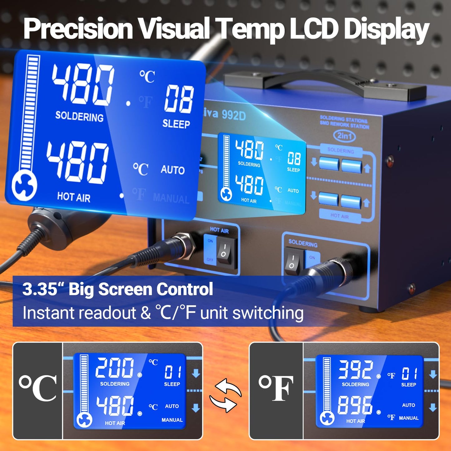 Preciva 992D 2-in-1 Soldering & Hot Air Rework Station with LCD Display – PID Temperature Control, Auto/Manual Hot Air Mode, Sleep Function for Iron, SMD Rework, Electronics Repair (750W)