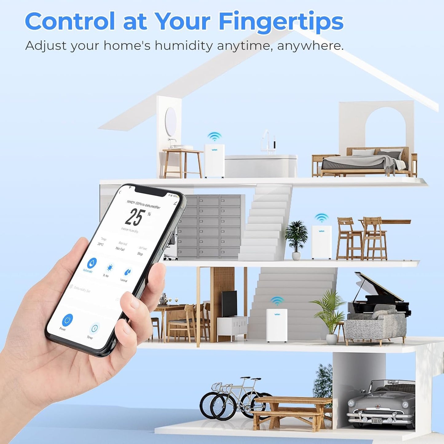 WHOY 80 Pints Smart Dehumidifier (50 Pints DOE) with App Control, for Basements & Home Up to 5,000 Sq. Ft., Portable with Continuous Drain, Quiet Auto-Control & Turbo Mode