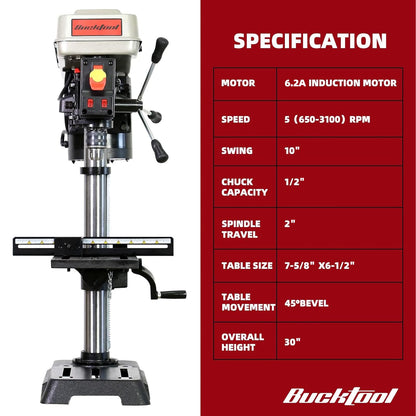 BUCKTOOL 10-Inch Drill Press 6.2 Amp 3/4 HP Bench Drill Press 5-Speed Benchtop Drilling Machine with LED Work Light
