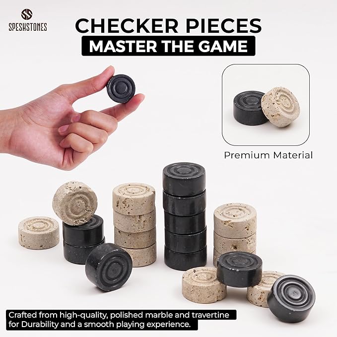 Marble Checkers Set 15 Inch Handmade Travertine &amp Black Checkers Board Game with Checker Pieces - Board Games for Adults Game Table Accessories Gifts &amp Home Décor