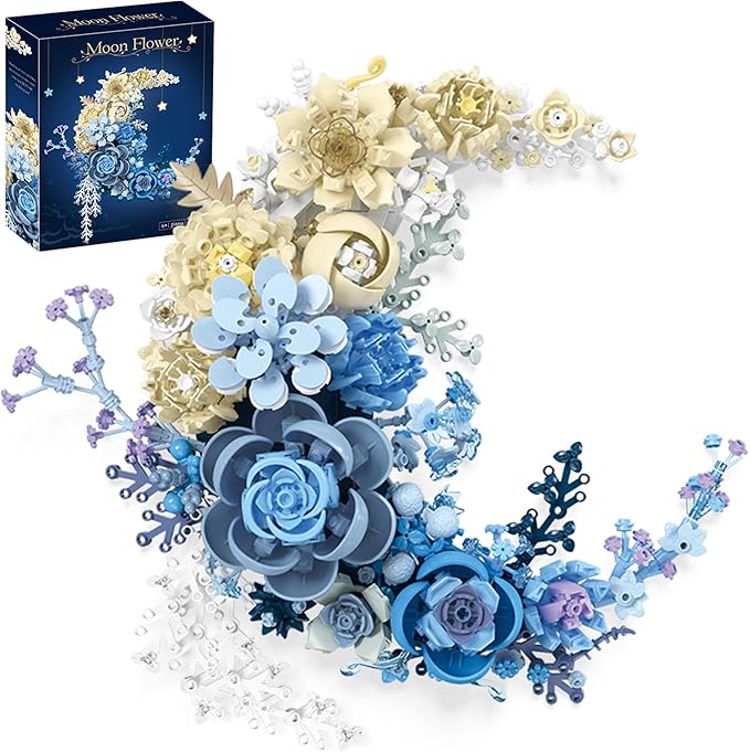 Blue Moon Flower Building Set Botanical Collection Crescent-Shaped Artificial Flowers Building Blocks Kit Compatible with Lego for Adults Home Décor Wall Art Decoration