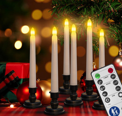 SoulBay 6pcs Christmas Decorations Window Candles with Remote Timer, 7.9inch Battery Operated Flameless Flicker LED Taper Candle Lights w/Black Holders for Home Party Indoor Windowsill Décor