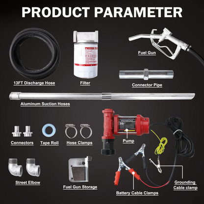 12V DC 20GPM Fuel Transfer Pump with Manual Nozzle & Hose Kit for Gasoline Diesel with Particulate Filter Red