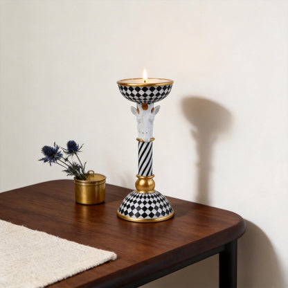 Checkered Animal Candle Holders, Resin Black White Checkered Tiger Head Candlestick Holders, Cute Black-and-White Pillar Candle Stand Home Decorations (Giraffe)