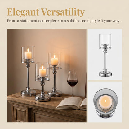 Oakernel Sliver Hurricane Candle Holders - Set of 3 Tall Candlestick Holders Windproof Taper Candle Holders, Metal Stand for Table Centerpiece Outdoor Indoor Wedding Party Holiday Decor