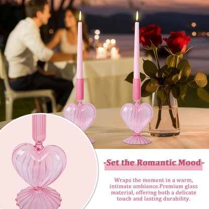 NEEDOMO Valentines Day Decorations, Set of 2 Pink Heart Glass Candlestick Holders for Valentines Decor, Taper Candle Holders Table Centerpieces for Romantic Wedding Party Mantel Decor