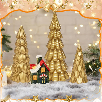 Warmtree Gold Christmas Tree Figurines Set - 3 Small Resin Tabletop Decorations for Festive Home Decor